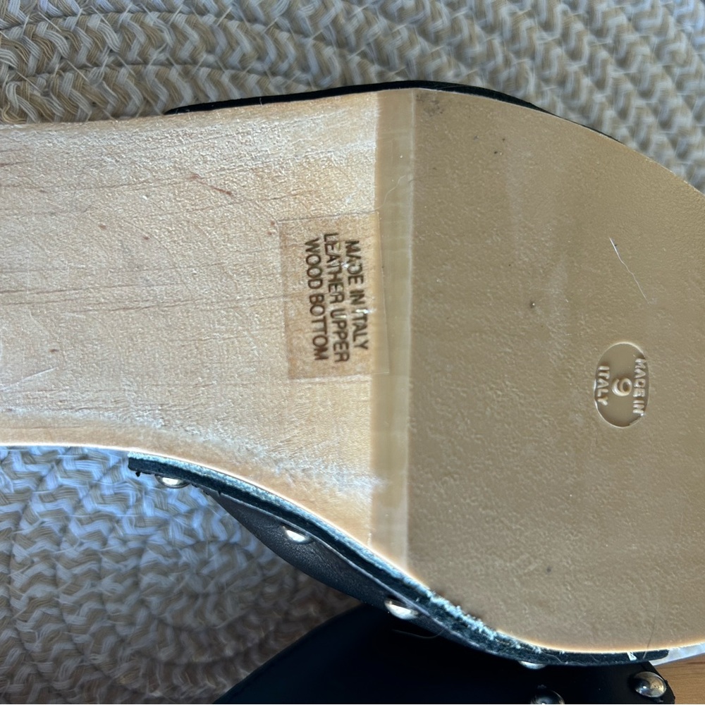 Dr. Scholl's Black Leather Mules with Natural Wood Sole - Picture 9 of 9